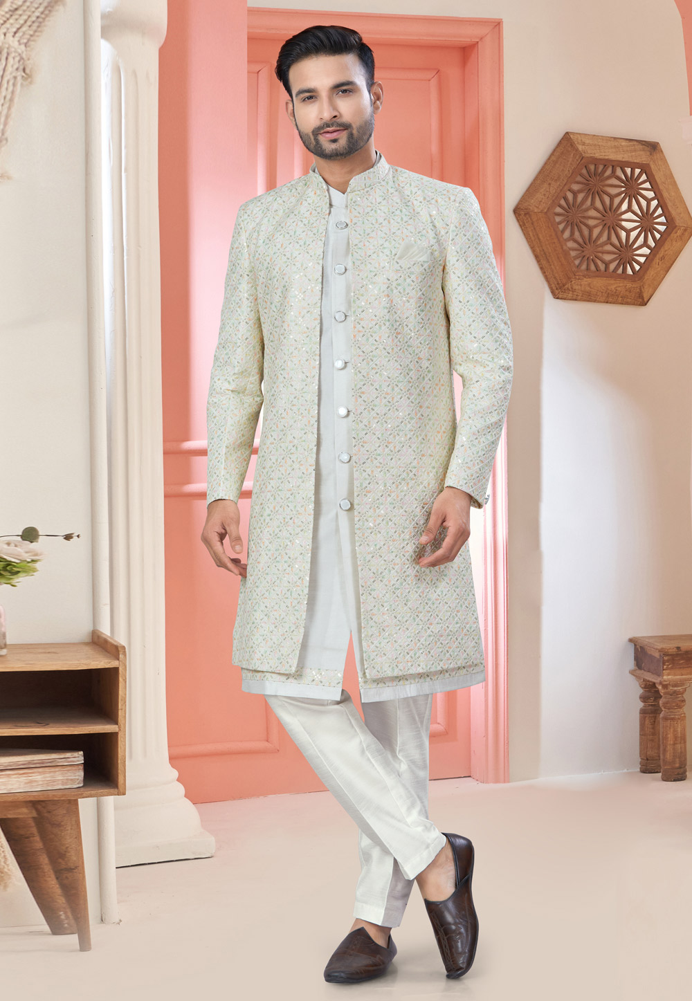 Off White Art Silk Jacket Style Sherwani 304933