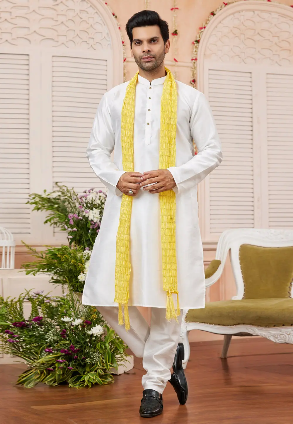 Off White Art Silk Kurta Pajama 295241