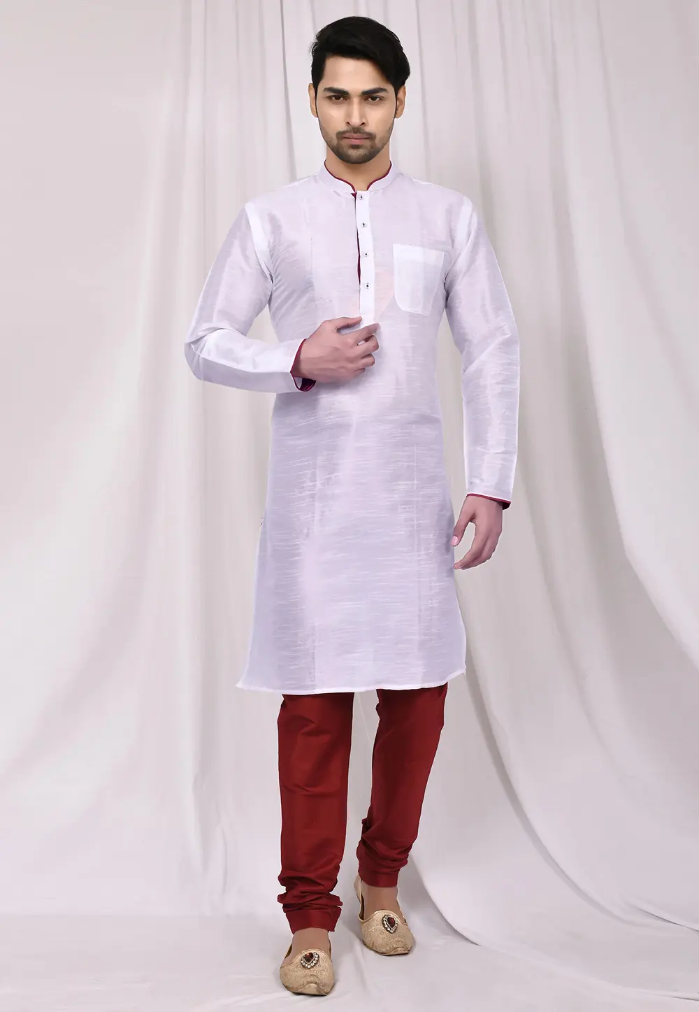 Off White Art Silk Kurta Pajama 300254