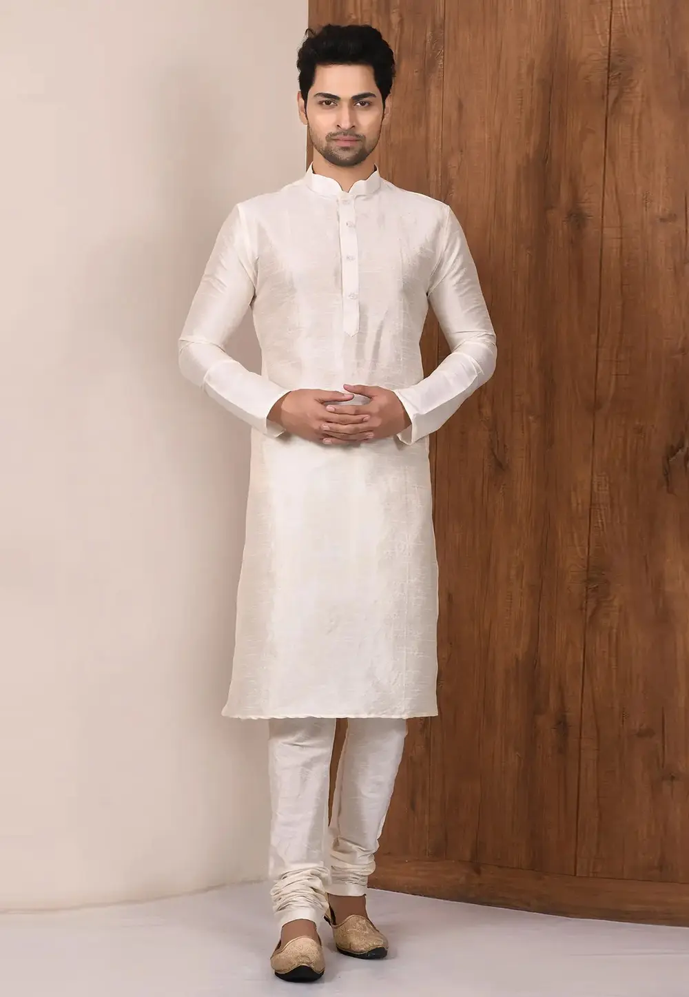 Off White Art Silk Kurta Pajama 300716