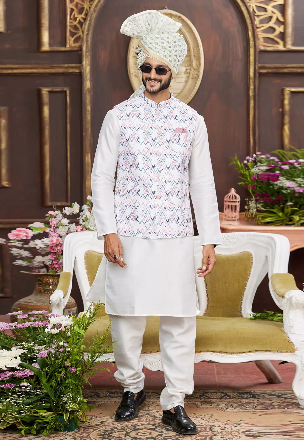 Off White Art Silk Kurta Pajama With Jacket 295226