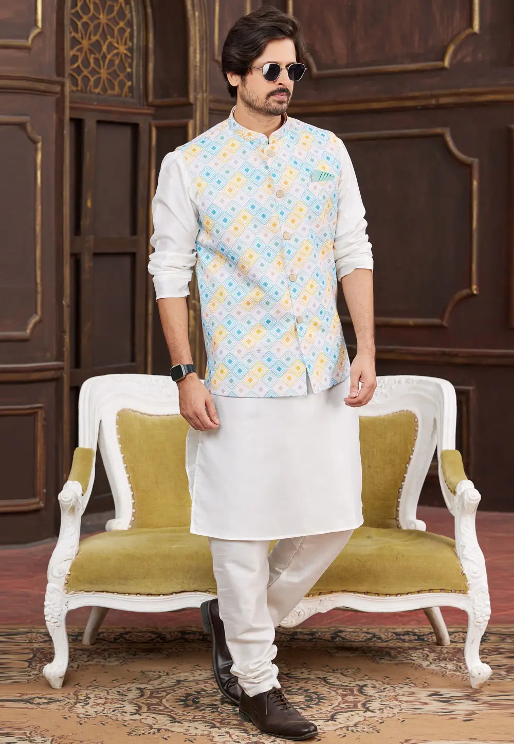 Off White Art Silk Kurta Pajama With Jacket 295230