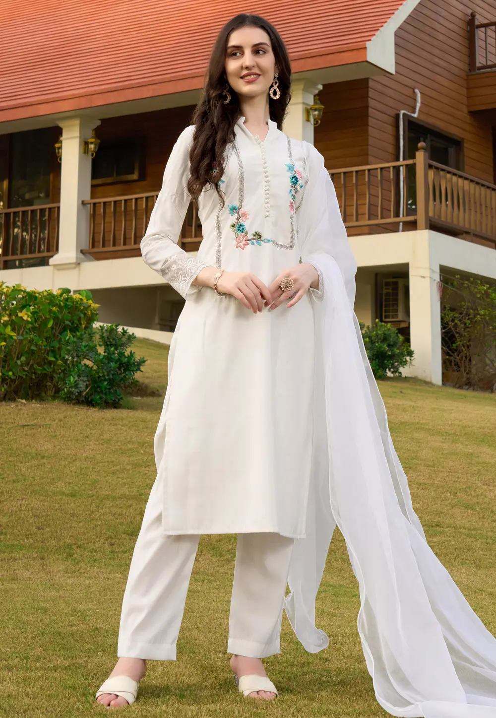 Off White Art Silk Readymade Pant Style Suit 303324