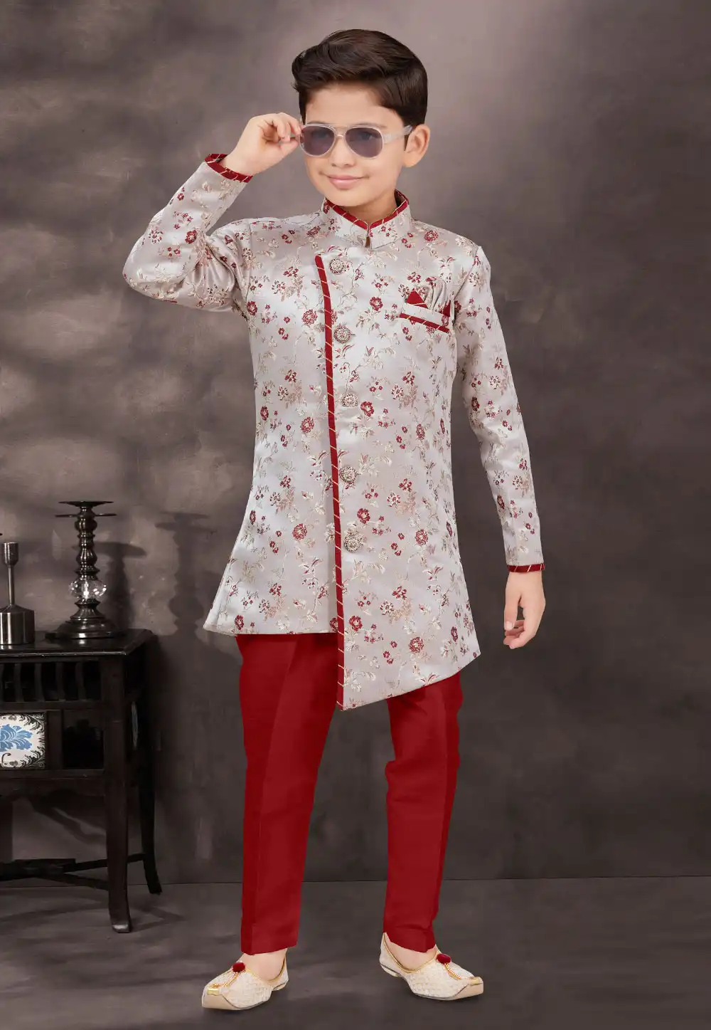 Off White Banarasi Jacquard Kids Indo Western Sherwani 294957