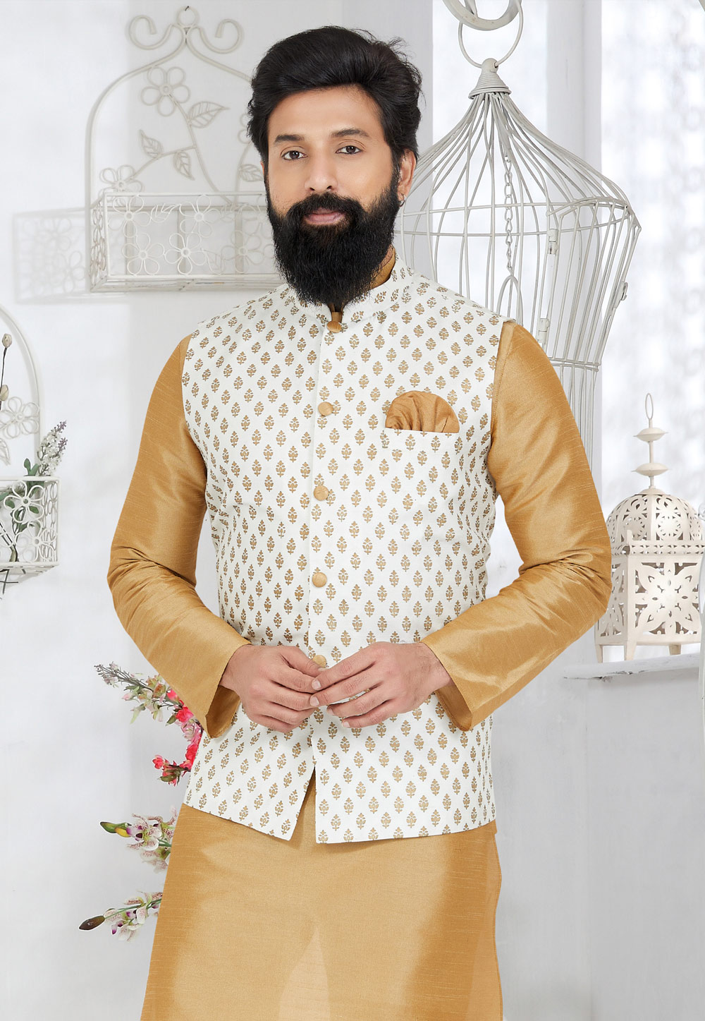 Off White Banarasi Nehru Jacket 286744