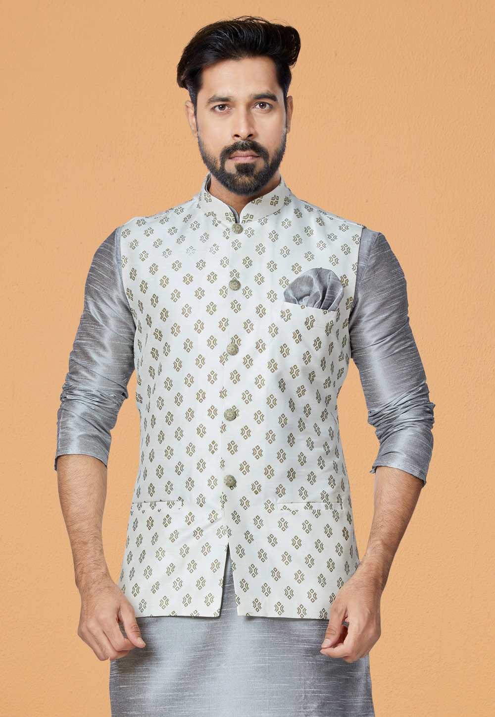 Off White Banarasi Nehru Jacket 286756