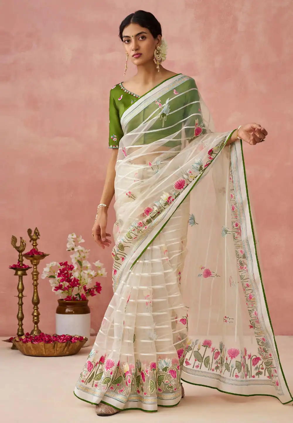 Off White Brasso Saree With Blouse 292003