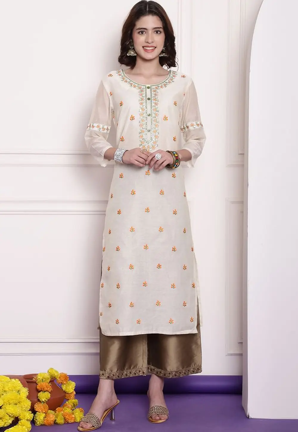 Off White Chanderi Long Kurti 303985