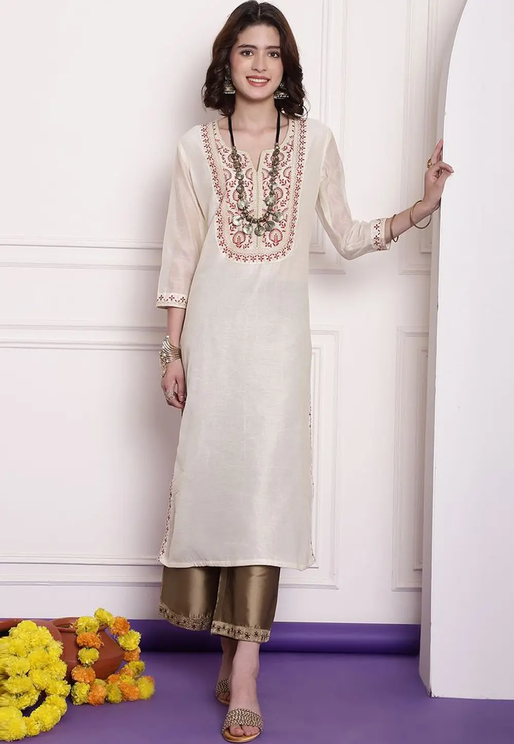 Off White Chanderi Long Tunic 303986