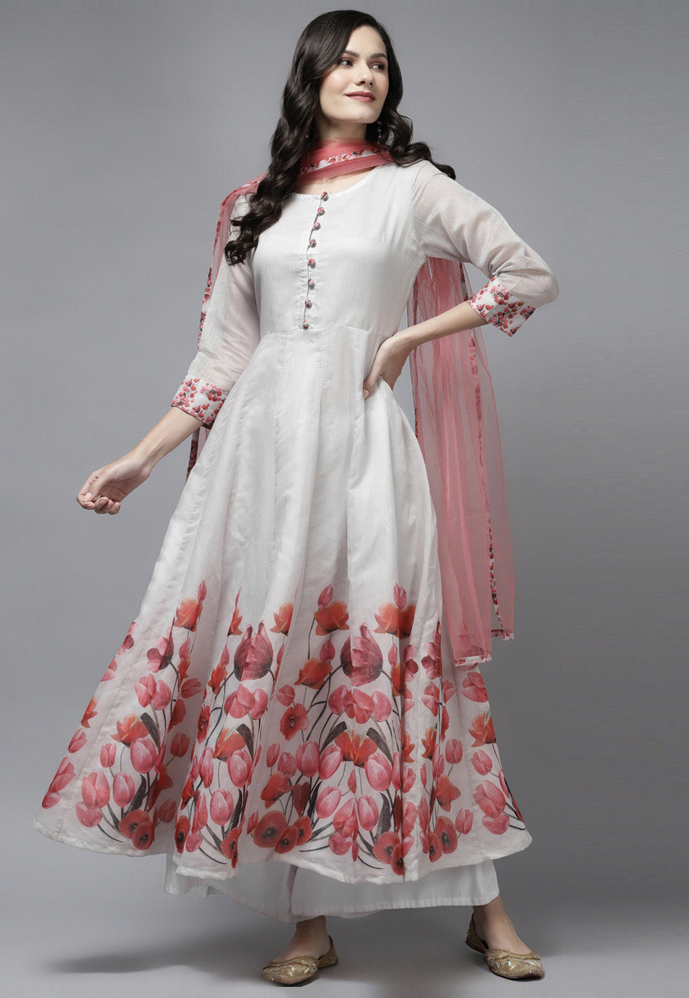 Off White Chanderi Printed Gown 282224