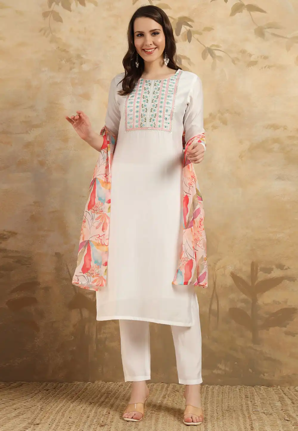 Off White Chanderi Readymade Pakistani Suit 293843