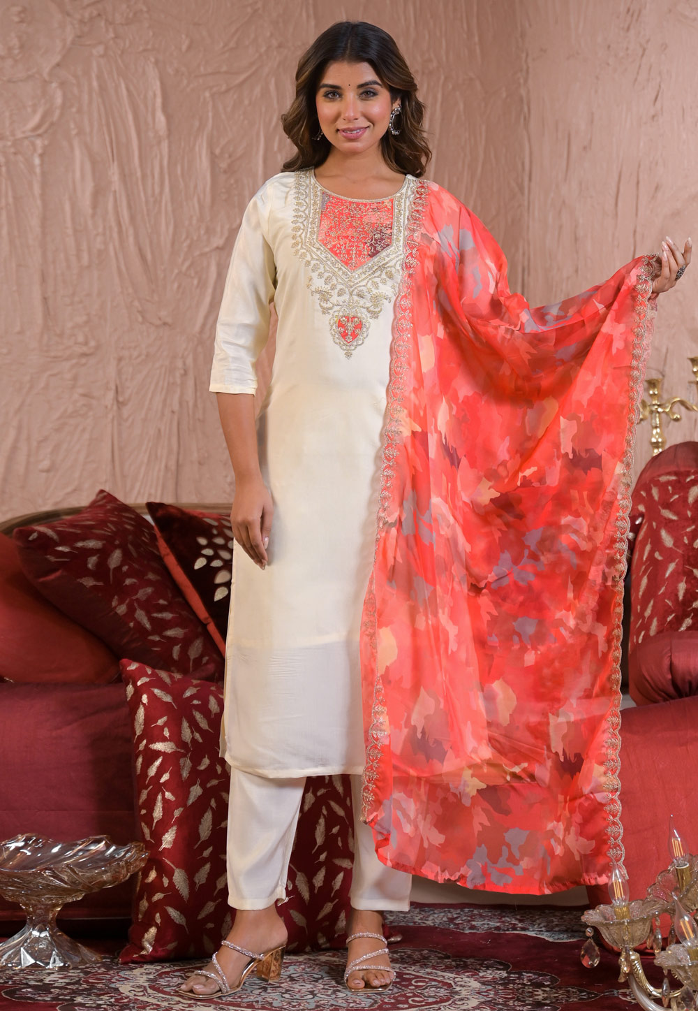 Off White Chanderi Silk Readymade Pant Style Suit 309455