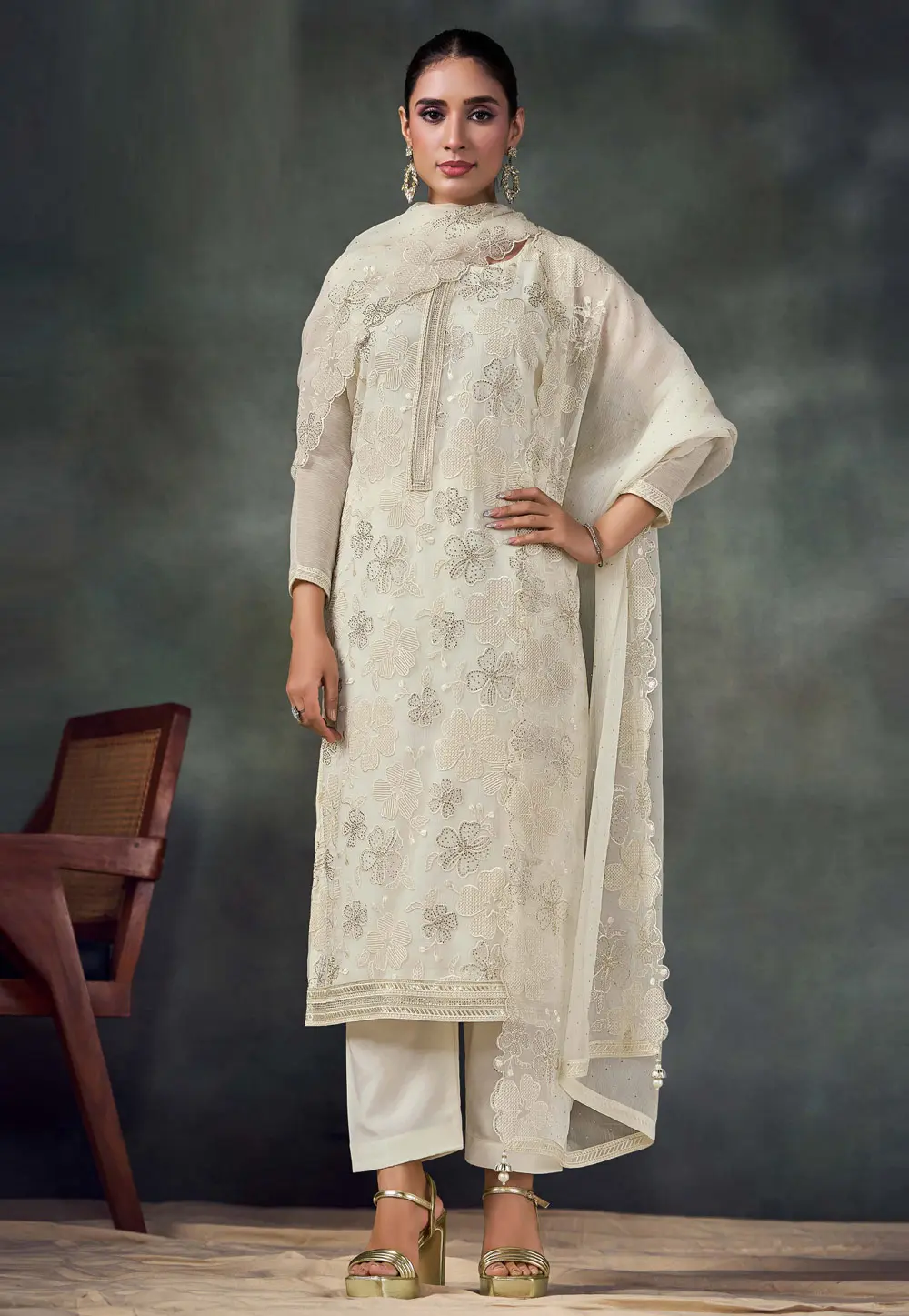 Off White Chiffon Embroidered Straight Suit 304041