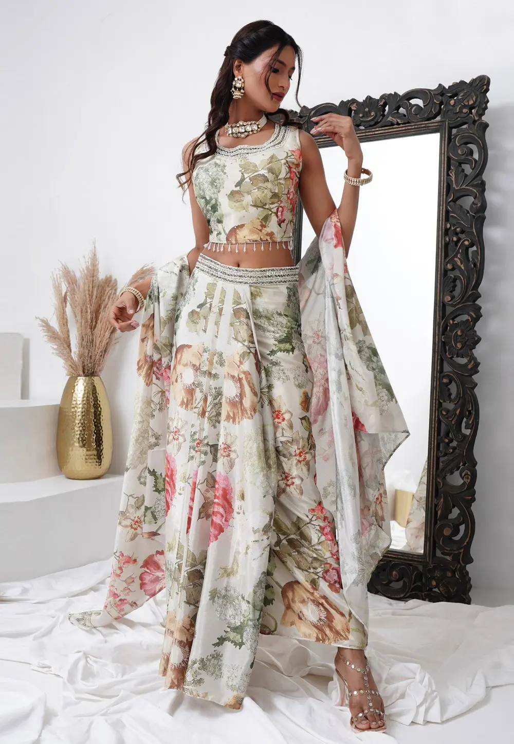 Off White Chinon Designer Lehenga Choli 302938