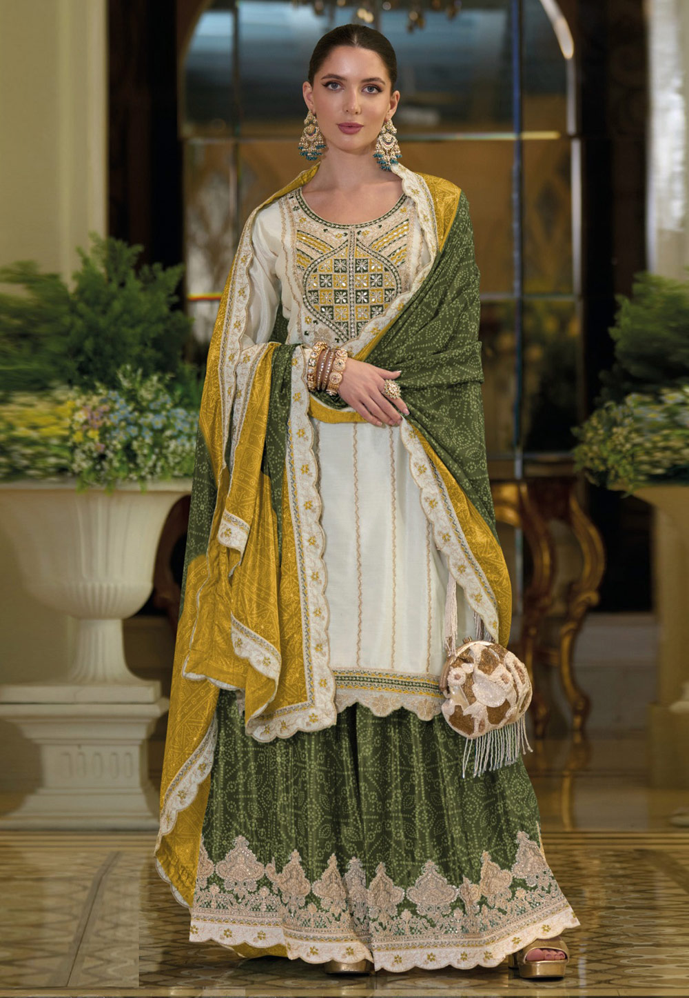 Off White Chinon Silk Palazzo Suit 308522