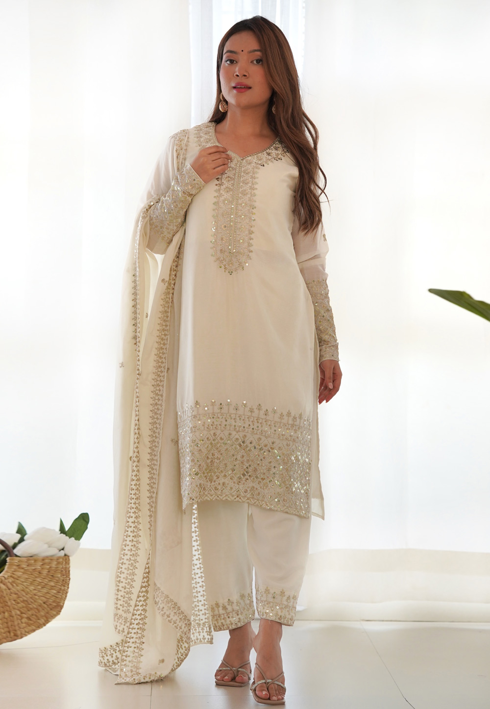 Off White Chinon Silk Readymade Pakistani Suit 309630