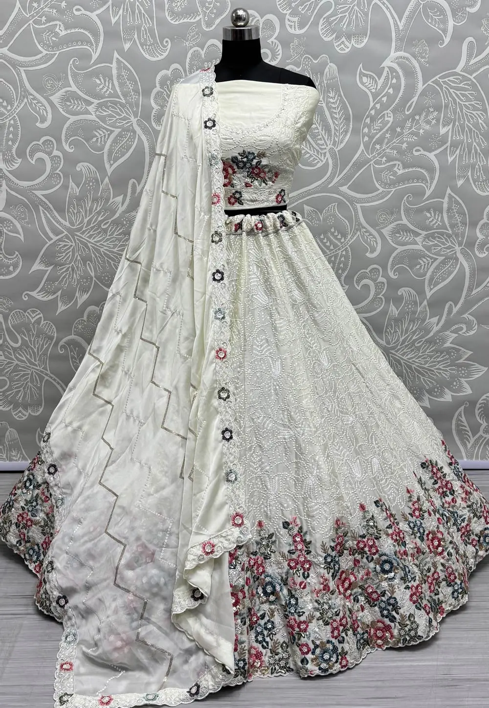 Off White Chinon Wedding Lehenga Choli 300546