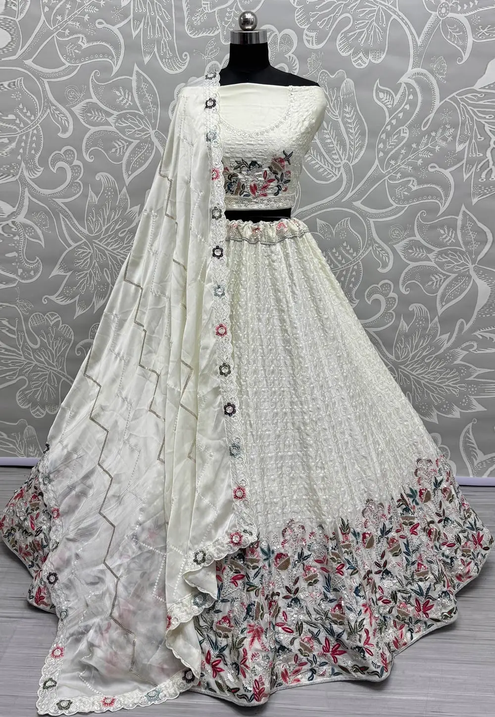 Off White Chinon Wedding Lehenga Choli 300550