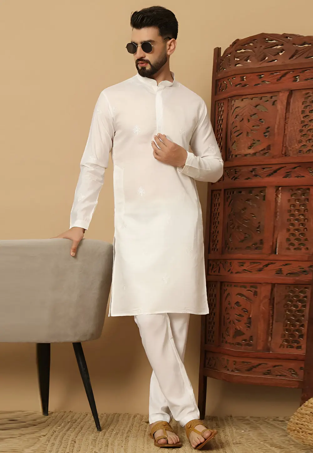 Off White Cotton Kurta Pajama 297902