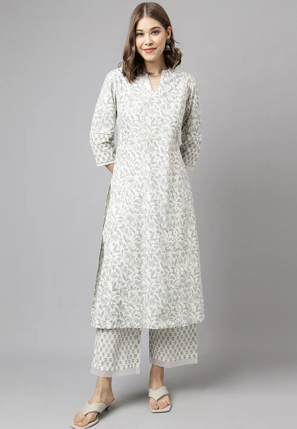 Off White Cotton Kurta Set With Palazzo 301654