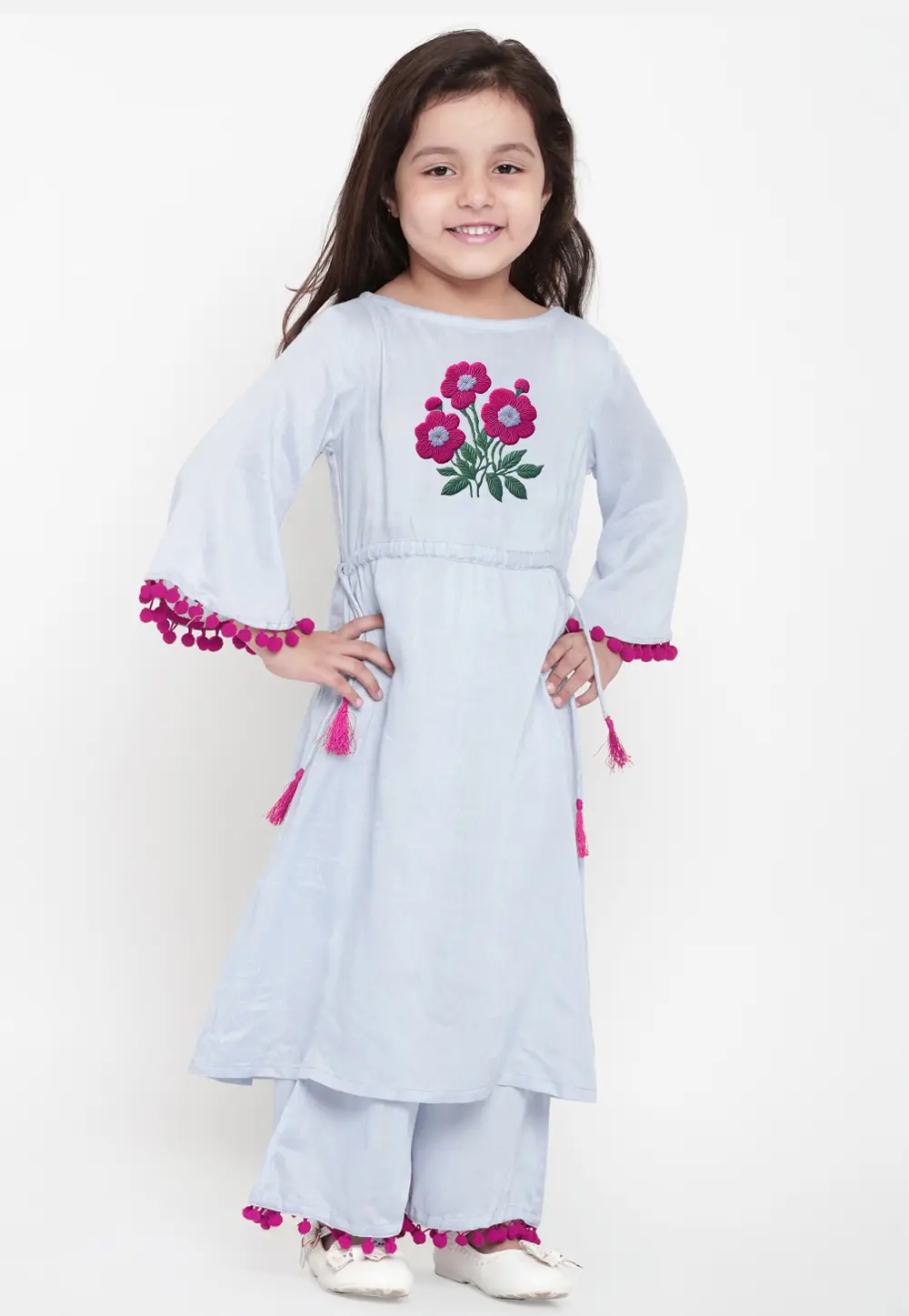 Off White Cotton Rayon Kids Palazzo Suit 301822