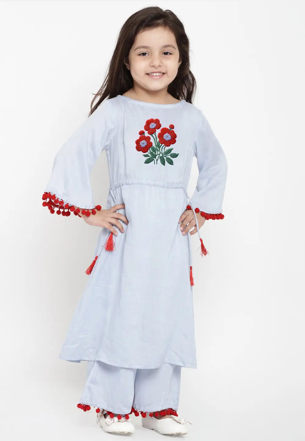 Off White Cotton Rayon Kids Palazzo Suit 301825