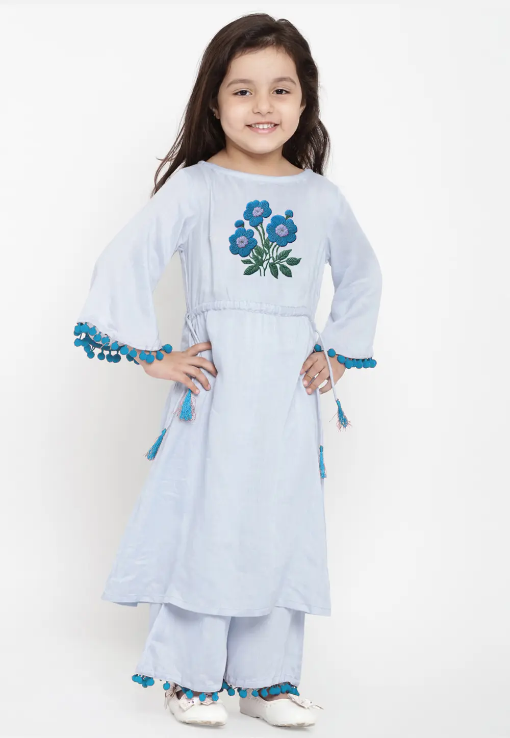 Off White Cotton Rayon Kids Palazzo Suit 301826