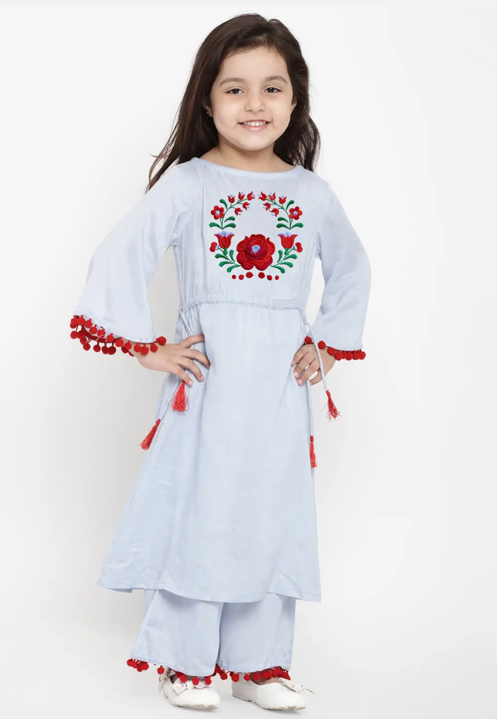 Off White Cotton Rayon Kids Palazzo Suit 301827