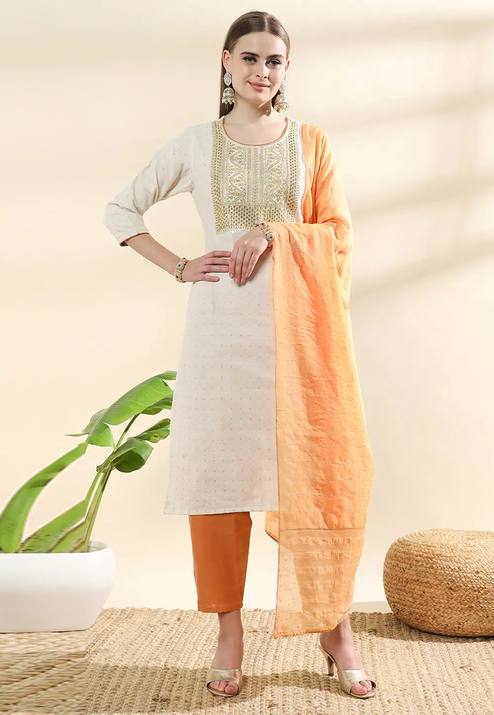 Off White Cotton Readymade Pakistani Suit 301398