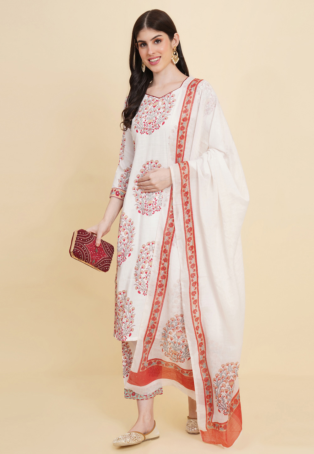 Off White Cotton Readymade Pakistani Suit 285137