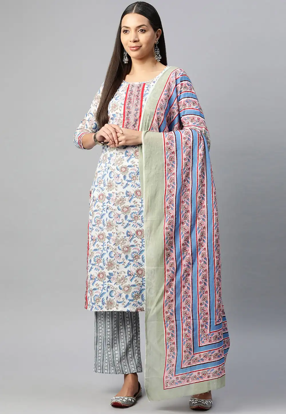 Off White Cotton Readymade Palazzo Suit 292620