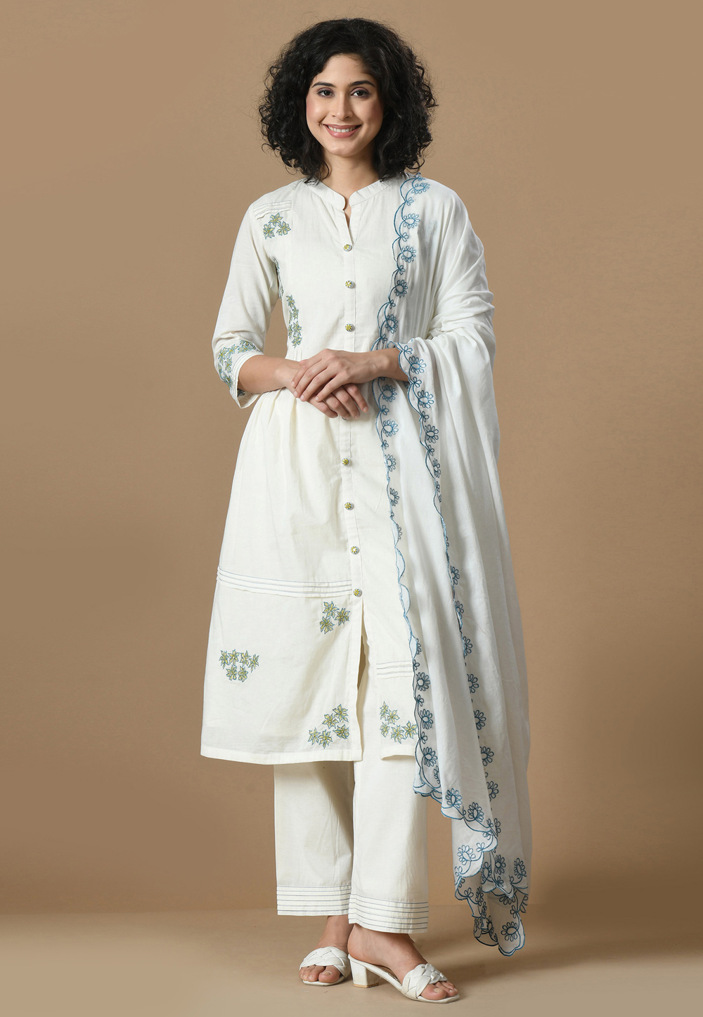 Off White Cotton Readymade Pant Style Suit 305442