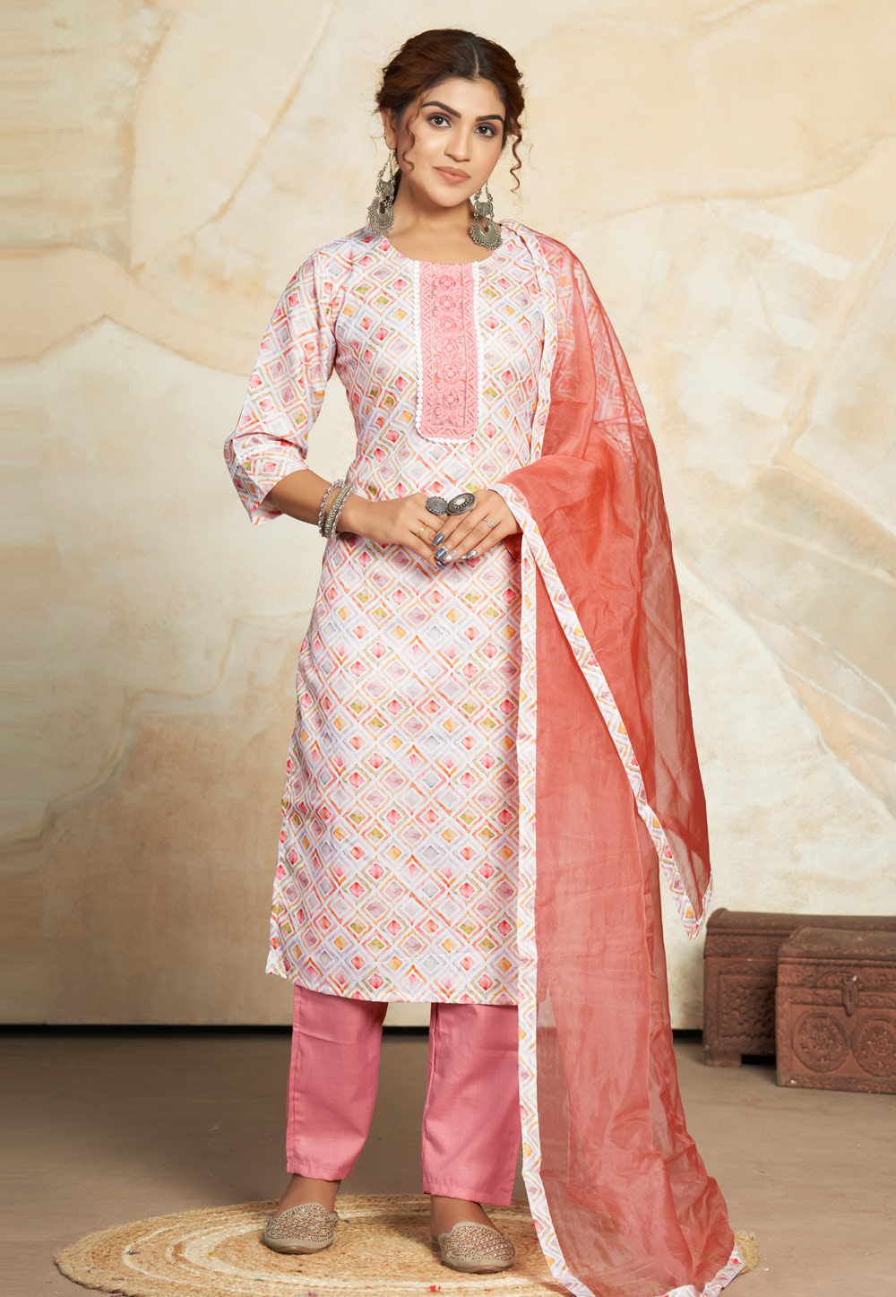 Off White Cotton Readymade Pant Style Suit 283707