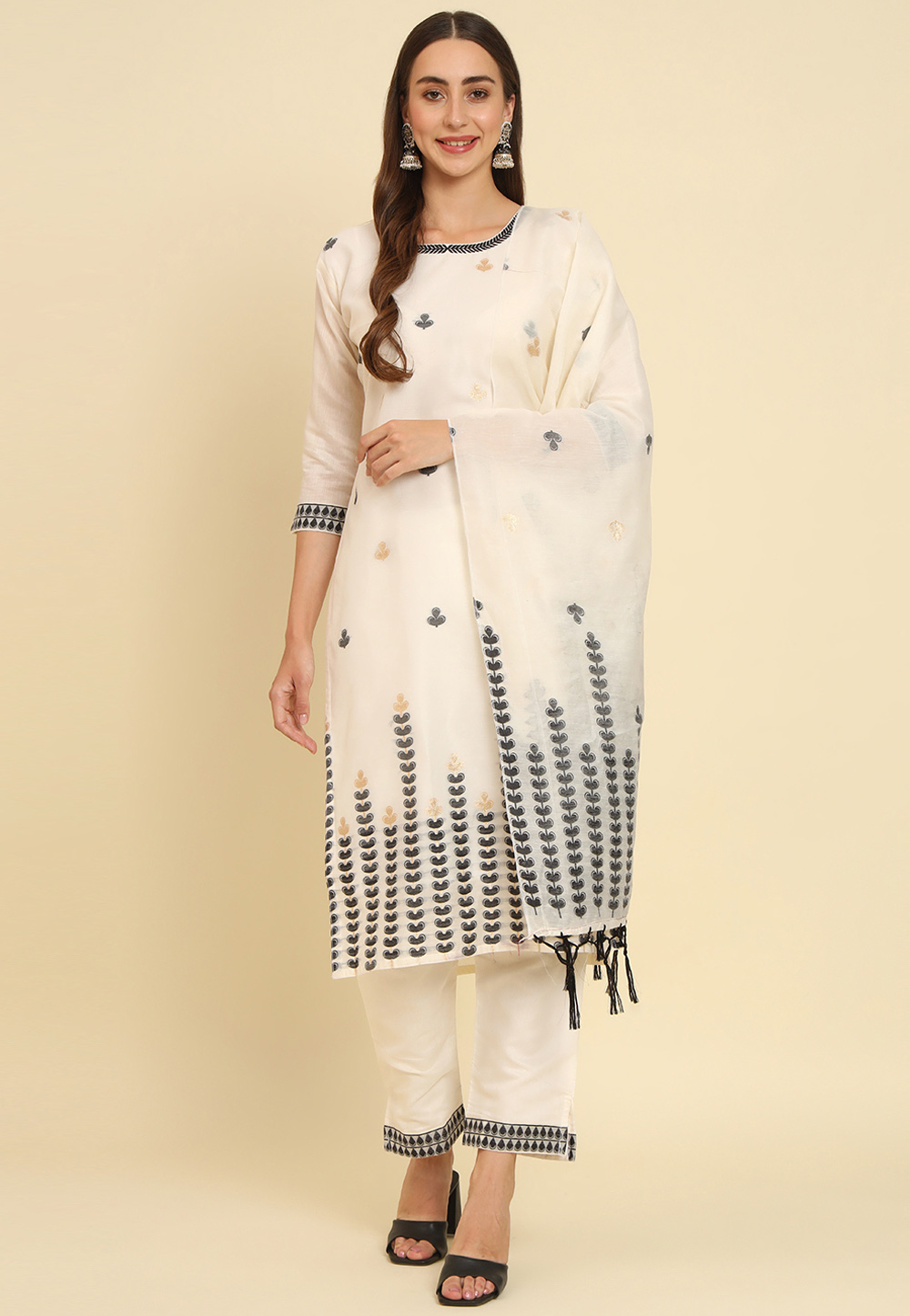 Off White Cotton Silk Readymade Pant Style Suit 310603