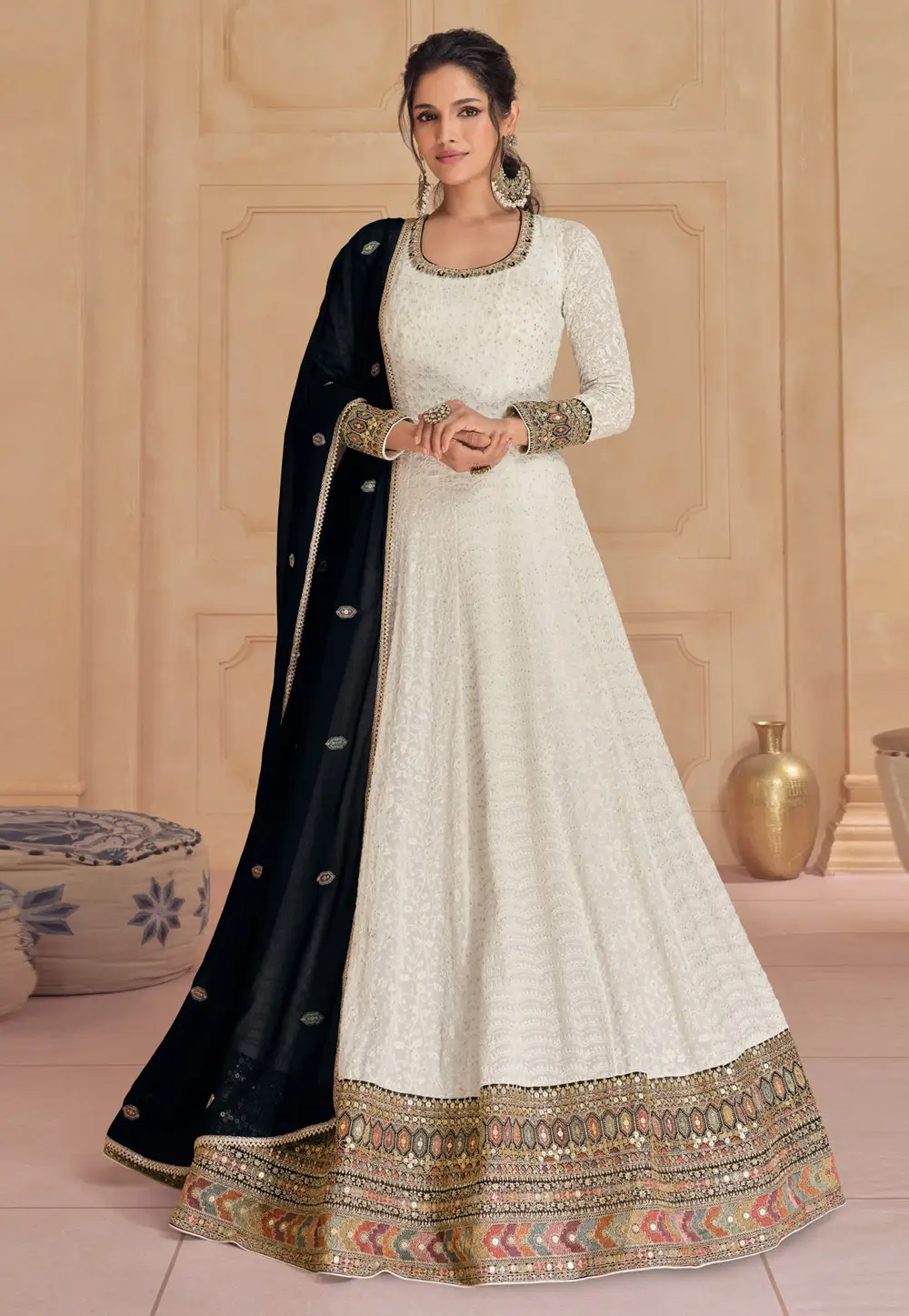 Off White Faux Georgette Embroidered Anarkali Suit 296825