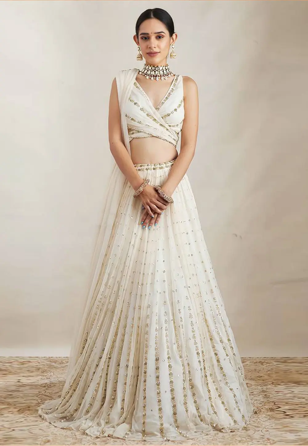 Off White Georgette A Line Lehenga Choli 301037