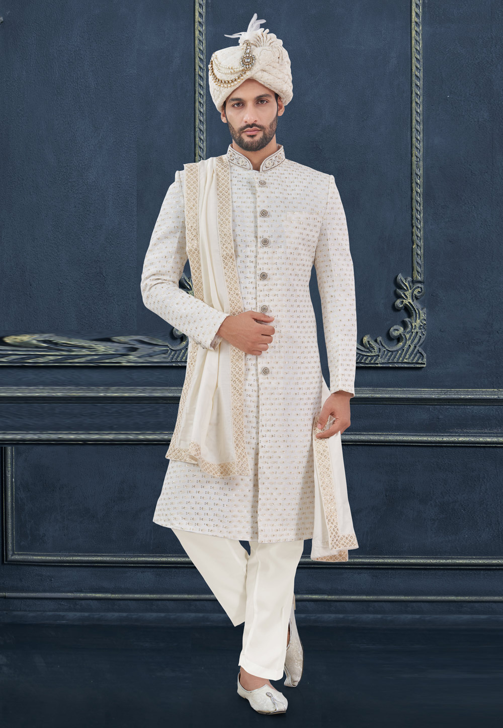 Off White Georgette Achkan Style Sherwani 305206