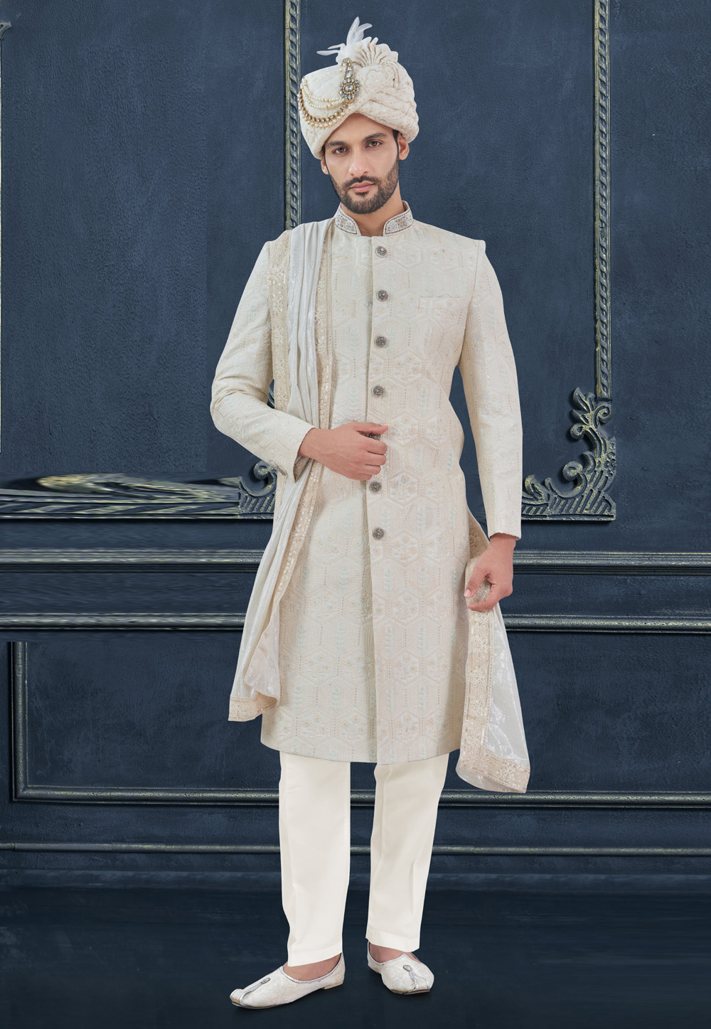 Off White Georgette Achkan Style Sherwani 305208