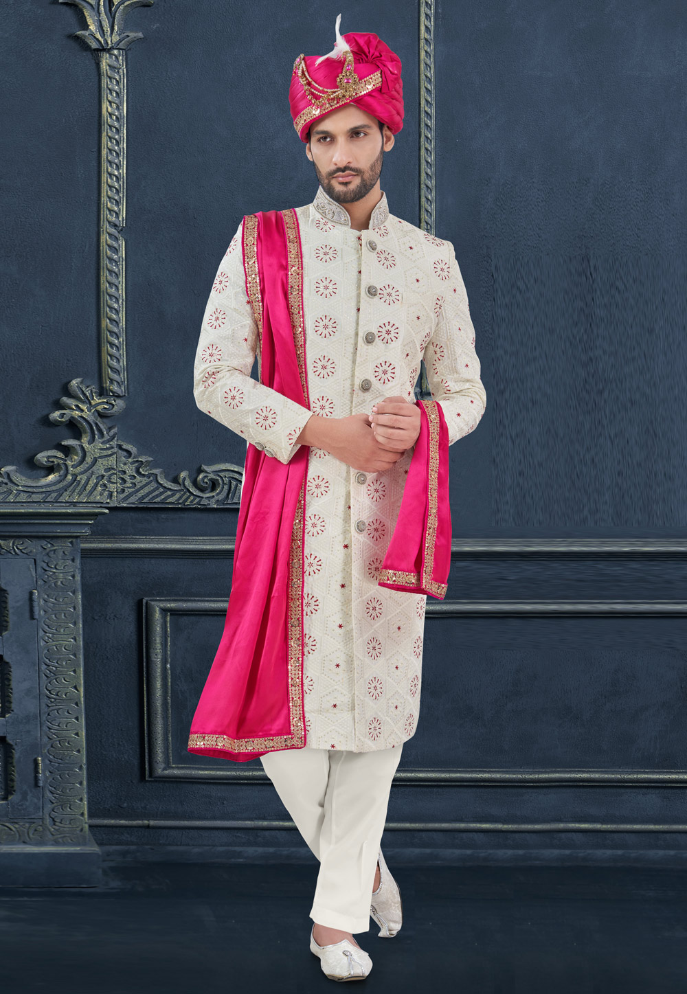 Off White Georgette Achkan Style Sherwani 305209