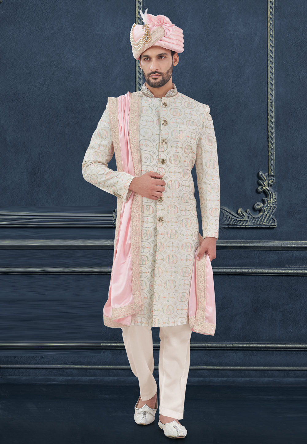 Off White Georgette Achkan Style Sherwani 305210