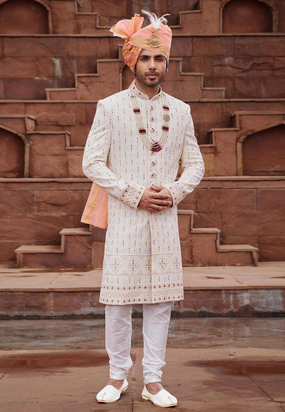 Off White Georgette Achkan Style Sherwani With Stole 280128