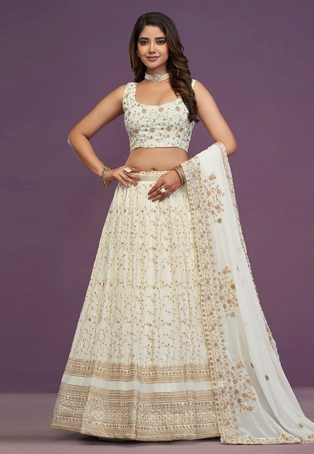 Off White Georgette Circular Lehenga Choli 296456