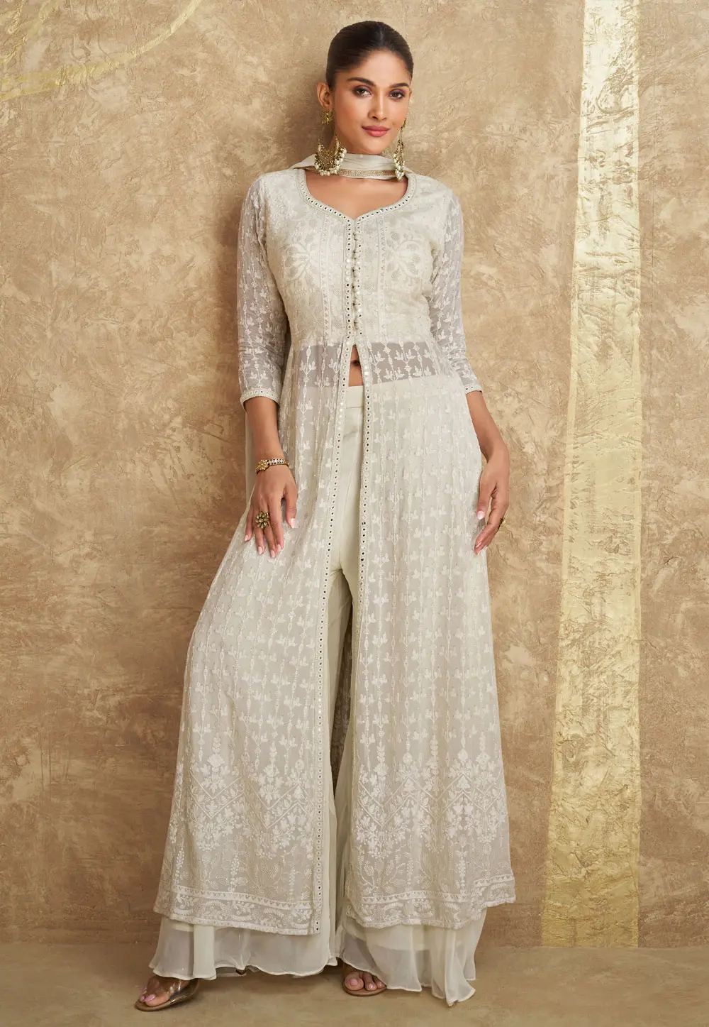 Off White Georgette Palazzo Suit 297556