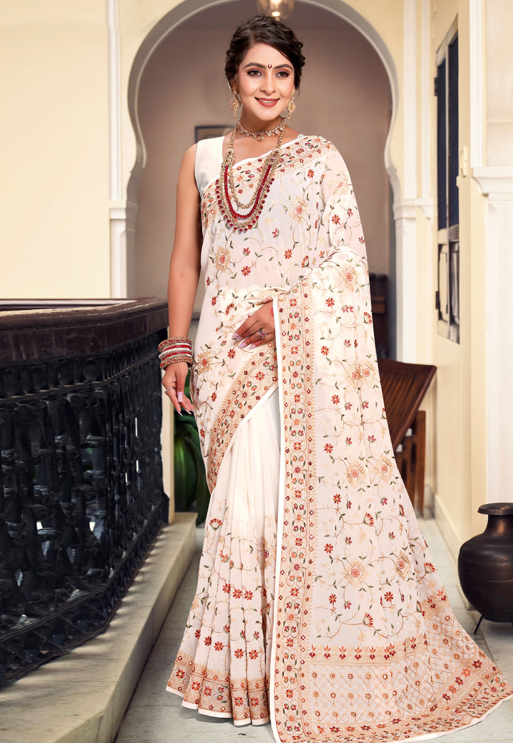 Off White Georgette Saree With Blouse 279303