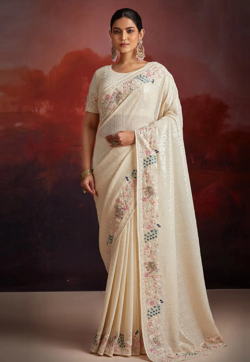 Off White Georgette Sequence Saree 301261