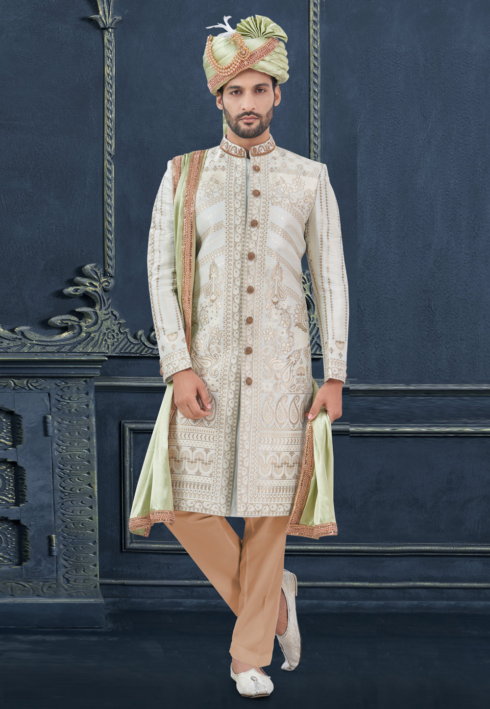 Off White Jacquard Achkan Style Sherwani 305192