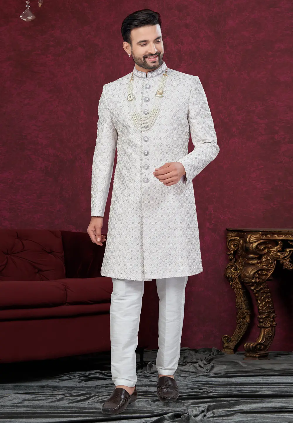 Off White Jacquard Achkan Style Sherwani 295636