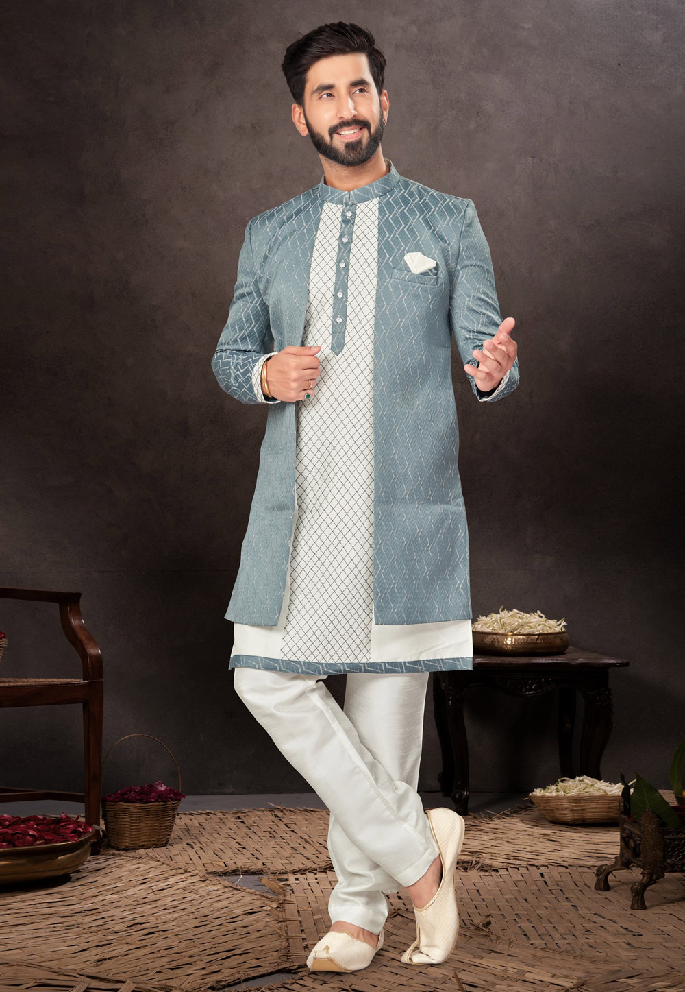 Off White Jacquard Indo Western Suit 283968