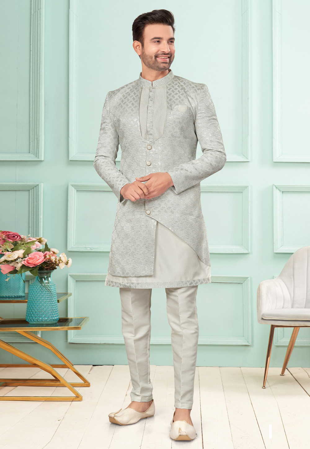 Off White Jacquard Indo Western Suit 283910