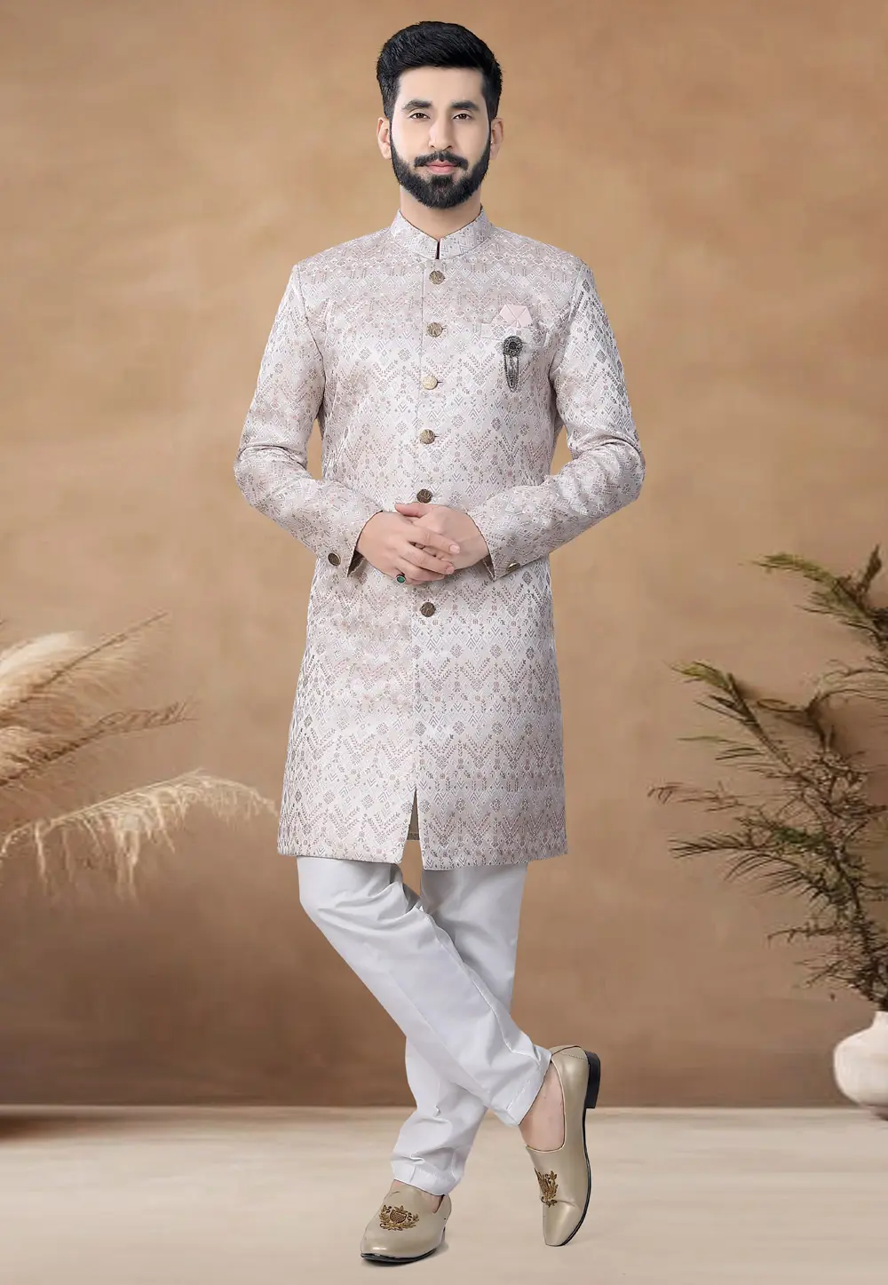 Off White Jacquard Indo Western Suit 298585